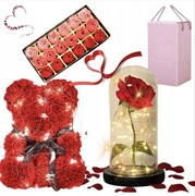 DUŻY MIŚ Z RÓŻ LED + WIECZNA RÓŻA + Róże Mydlane PREZENT NA DZIEŃ KOBIET