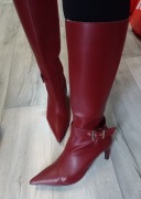 (40) Bordowe/ czerwone kozaki wieczorowe ze zdobieniem, NOWE 