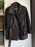 Brązowa kurtka skórzana TCM 100% skóra naturalna pasek wysoka stójka 44