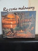 Obraz ręcznie malowany akryl na płótnie zachód jezioro pejzaż natura dom