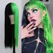 Peruka damska w kolorze czarnym i zielonym z grzywką, długa Halloween