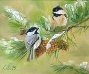 A.Giża SIKORKI CZARNOGŁÓWKI obraz olejny 30/24 cm PTAK PTAKI NATURA