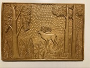 OBRAZ PŁASKORZEŹBA JELEŃ BYK DREWNO autograf 1985