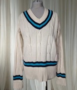 Kremowy sweter damski z niebieskim paskiem  rękaw 40 42 v dekolt vintage