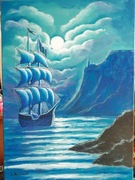 A. Maj. DUŻY OBRAZ 70x50cm MALOWANY Statek nocą