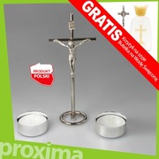 SREBRNY ZESTAW KOMPLET KOLĘDOWY Metalowy Krzyż Świeczniki Kropidło Kolęda