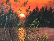 Akwarela krajobraz, pejzaż jeziora i zachód słońca