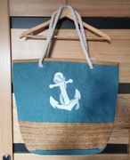 Turkusowa płócienna torba plażowa trawa morska kotwica lina