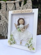 Ramka pamiątka anioł stróż prezent dekoracja chrzest komunia makrama 