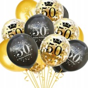 Balony 50-tka Złote Czarne z Konfetti Zestaw 15 sztuk urodziny party