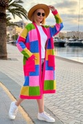 Długi kardigan damski maxi patchwork multicolor NOWOŚĆ WIOSNA 