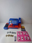 Zabawkowa elektroniczna kasa fiskalna plus koszyk z produktami spożywczymi