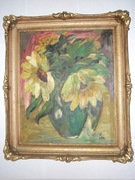 KWIATY W ZIELONYM WAZONIE DUŻY OBRAZ OLEJNY 1961