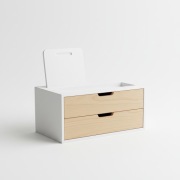 Organizer Biurkowy z Szufladami - Biało-Drewniany Pojemnik na Przybory