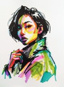 Shen Ji - portret Azjatki w płaszczu, markery na papierze, 2025, A3