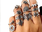 Komplet 12 Pierścionków – Styl Gotycki, Punkowy, Srebrny, Stal i Akryl