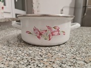 Stary garnek emaliowany prl biały kwiaty