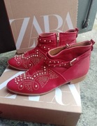 (40) ZARA/ Czerwone, Bogato zdobione Botki skórzane z Madrytu 