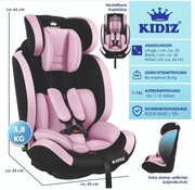 KIDIZ Fotelik samochodowy dla dzieci, 9 kg - 36 kg, 1-12 lat, różowy