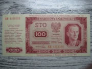 BANKNOT PRL 100 ZŁOTYCH 1948 ROK SERIA KR NADRUK UNC-