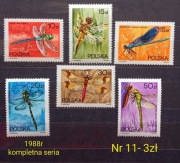 Znaczki fauna:11: ważki, owady- Polska 1988r **