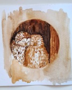 Akwarela 15x15 cm zakochane sówki, oryginał, dwie sowy