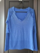 Chabrowa bluzeczka koronkowa perełki S prążkowa