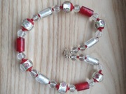 naszyjnik 50cm czerwono srebrny szkło weneckie lampwork róże kryształ