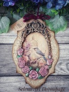 Dekoracyjny medalion shabby chic vintage decoupage kwiaty róże ptak
