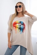 Bluzka oversize z nadrukiem tęczowych ust beżowa