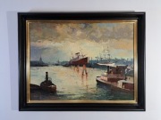 "Widok na dawny port". Reinhold Rehm? Piękny obraz olejny na tekturze