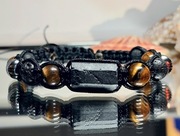 BRANSOLETKA KAMIEŃ SUROWY DUŻY TURMALIN TYGRYSIE OKO LAWA SZNUREK MAKRAMA