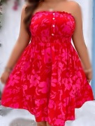 Czerwona rozkloszowana Sukienka bez ramiączek w kwiaty 50 (5 XL) Nowa