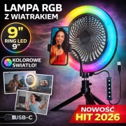 Lampa Ring LED RGB 9" z Wiatrakiem+ Uchwyt Telefon TikTok Streaming USB