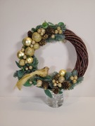 Wianek świąteczny zimowy bożonarodzeniowy stroik z Ptaszkiem. Rękodzieło.