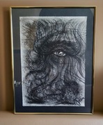 Szkic węglem i kredą pt. "Wizjer" 25x36 cm w oprawie. 