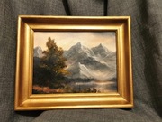 Stary unikalny obraz olejny z lat 70 „Alpy” w złoconej ramie