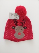 Czapka zimowa czerwona z pomponem renifer