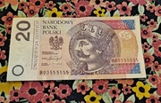 Banknot 20zł  BO3555555 prawie solid 6 cyfr kolekcjonerski  