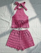 Komplet damski różowy – top + spodenki z dzianiny, uniwersalny