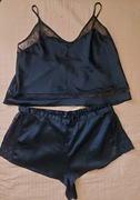Victoria's Secret satynowy komplet do spania piżamka czarna zestaw L 40 38
