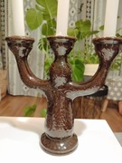 Świecznik z czerwonej gliny szkliwiony ciemny brąz - okres PRL-u