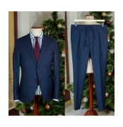 Lekki granatowy garnitur Riley r46-48, wełna+bawełna, unstructured