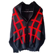 Sweter kardigan Carlo Colucci czarny w czerwoną kratę, rozmiar 50
