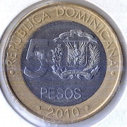 DOMINIKANA 5 peso 2010, KM# 89, AU