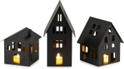 Zestaw 3 świeczników metalowy dom z lampionami Led czarne