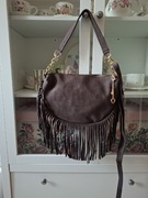 Torebka skóra naturalna zamsz czekoladowa z frędzlami Laura Biaggi wiosna 