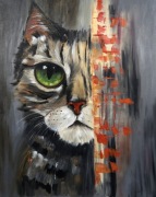 Duży obraz olejny z kotem 80x100 cm Abstrakcyjny  Nowoczesny kot 