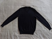 Granatowy elegancki wełniany polski sweter w serek Abacus S M wełna merino