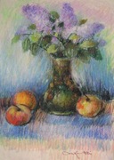 KWIATY BZY w WAZONIE I JABŁKA pastel olejny 49x33 